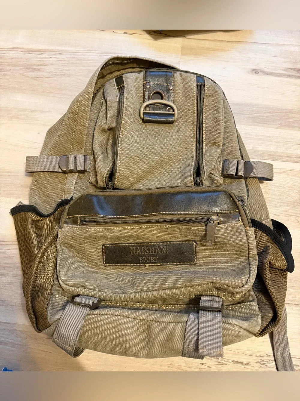 HAISHAN Sport Canvas & Leather Backpack in Olive with Dark Brown Accents